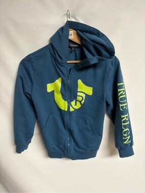 True Religion Kids Teal Zip Hoodie with Neon Yellow Logo